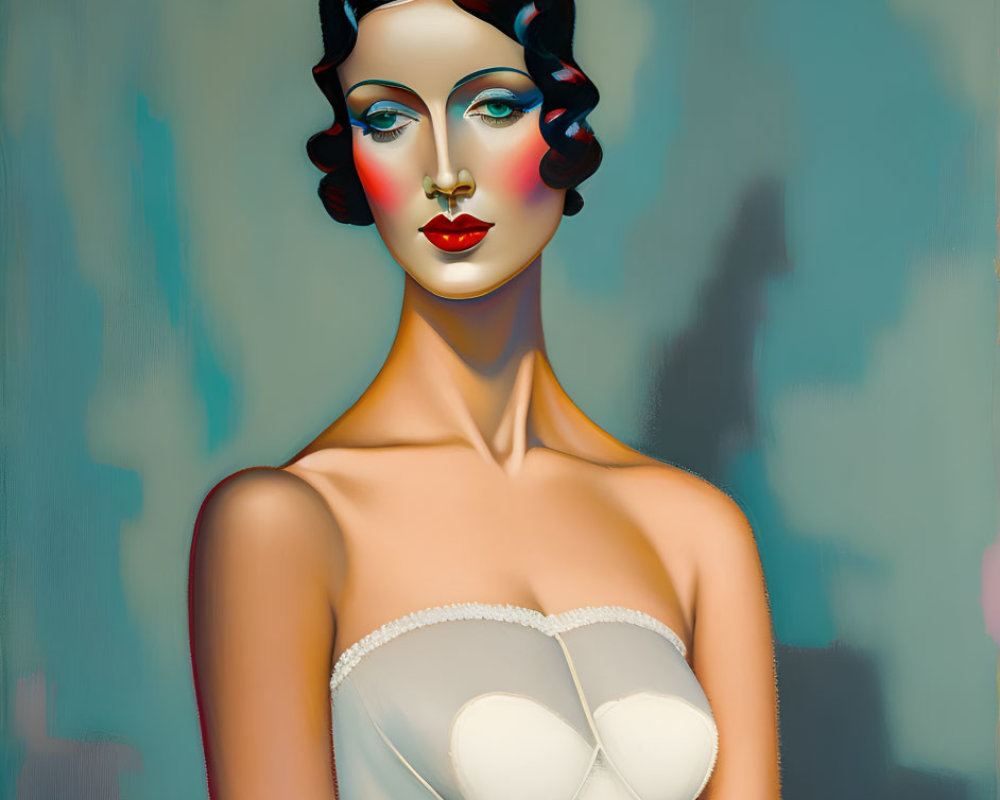 Stylized portrait of a woman with sleek hair and red lips in a white dress against a shadow