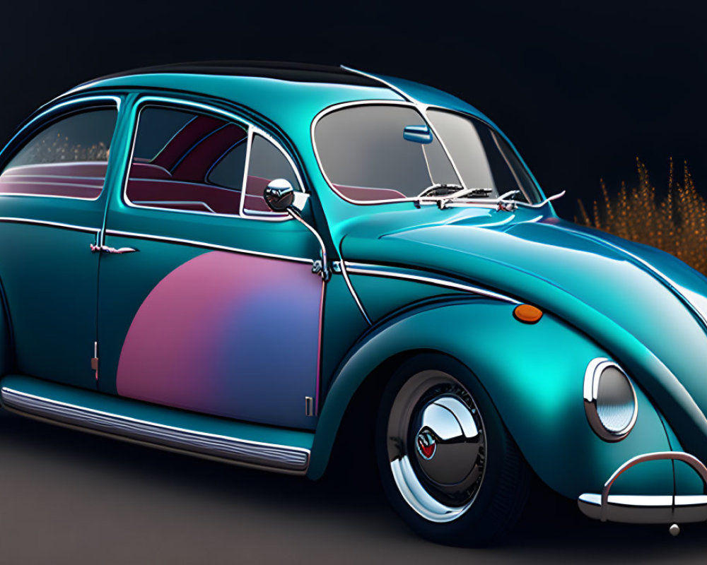 Illustration of Classic Volkswagen Beetle with Teal and Pink Paint Job