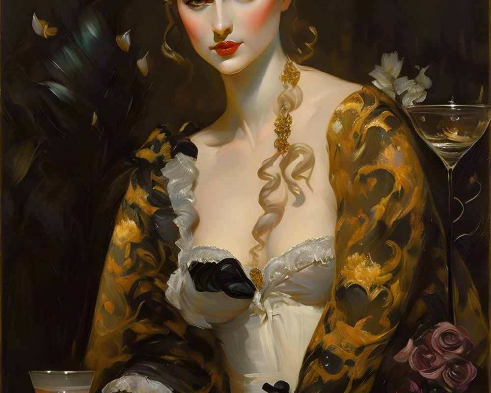 Curled Hairstyle Woman in White and Black Gown with Leopard Print Shawl Sitting at Table