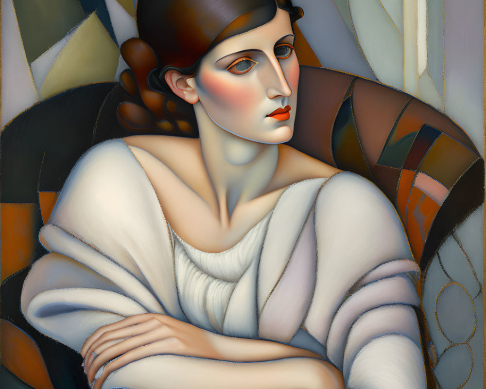 Contemplative woman seated with crossed arms in white top, against geometric background