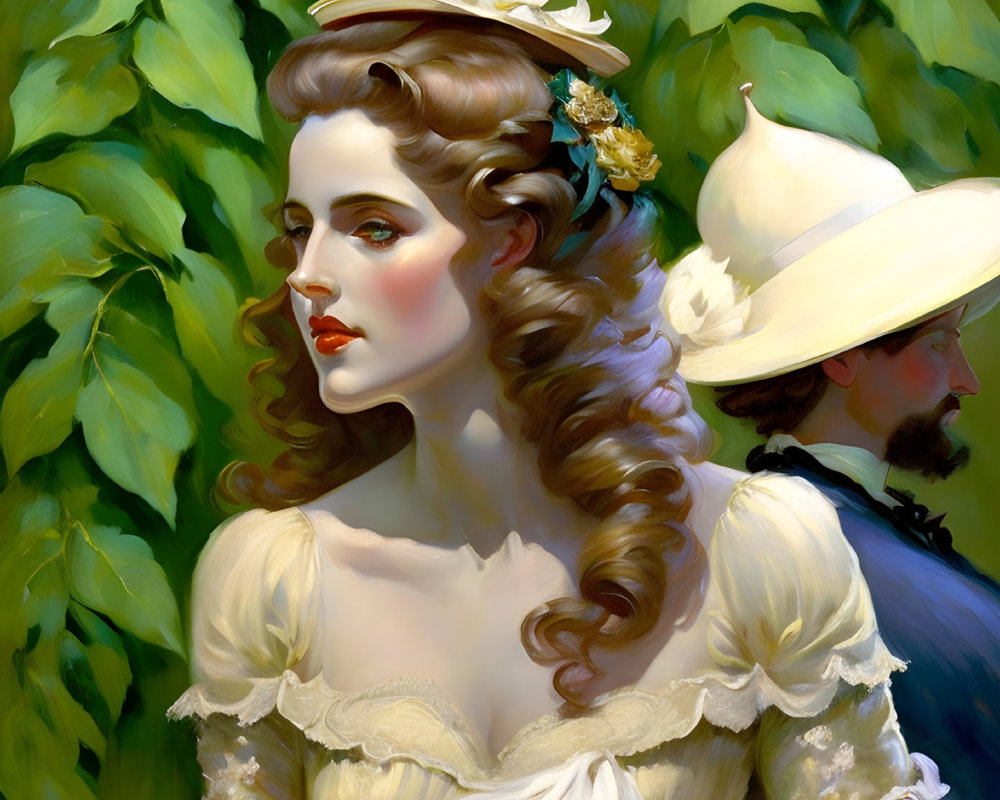 Portrait of a Woman with Brown Wavy Hair and Flower Hat, Man in White Hat in Green F