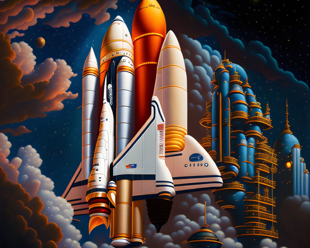 Colorful space shuttle liftoff with futuristic cityscape.