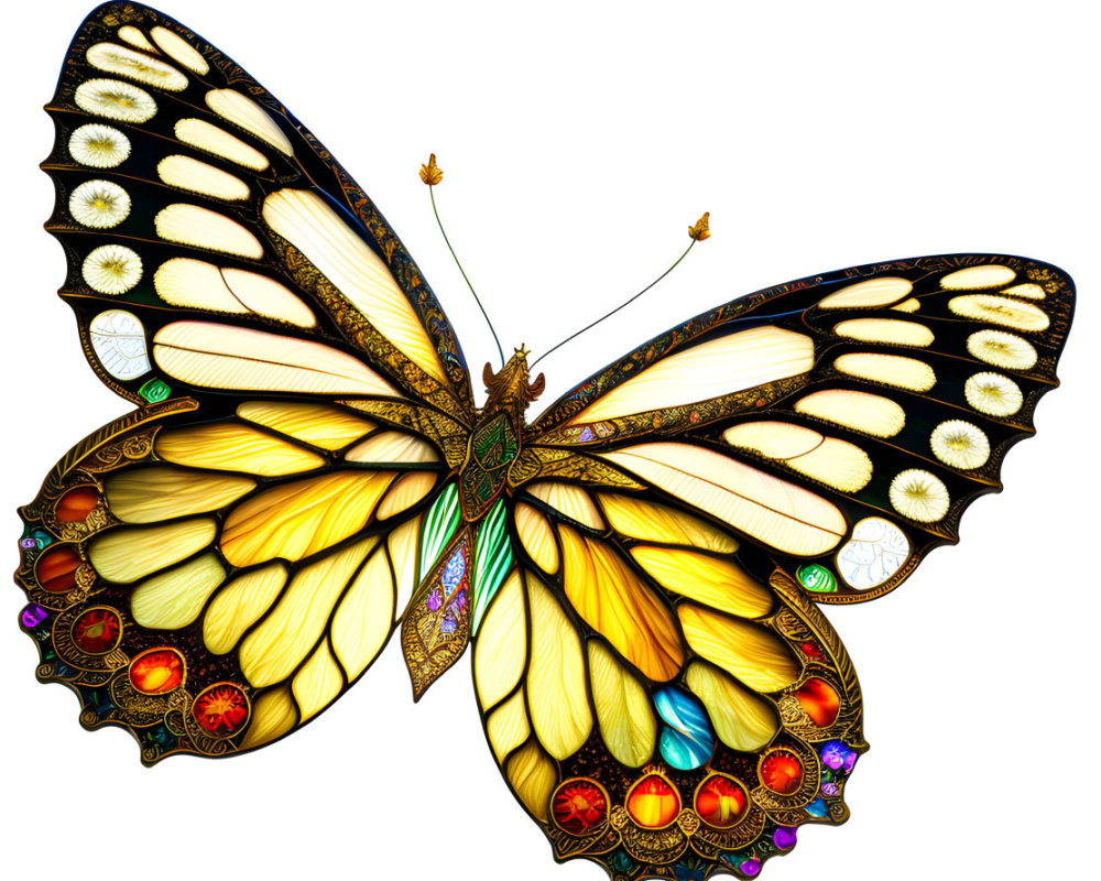 Colorful Stained Glass Butterfly with Yellow, Black, and Red Patterns