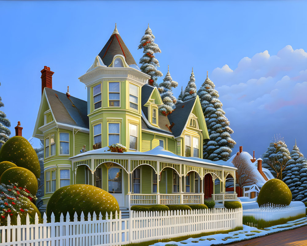 Victorian-style house with yellow facade in snowy landscape