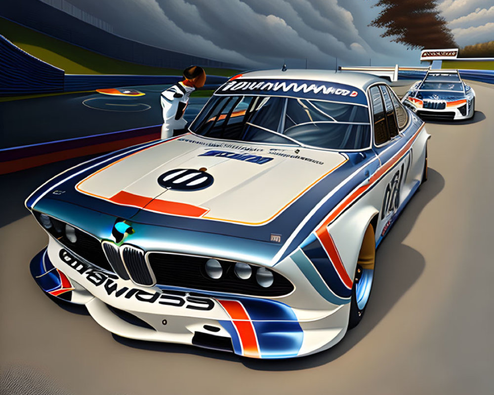 Vintage BMW Racing Car in Blue and White Livery on Racetrack with Dramatic Sky