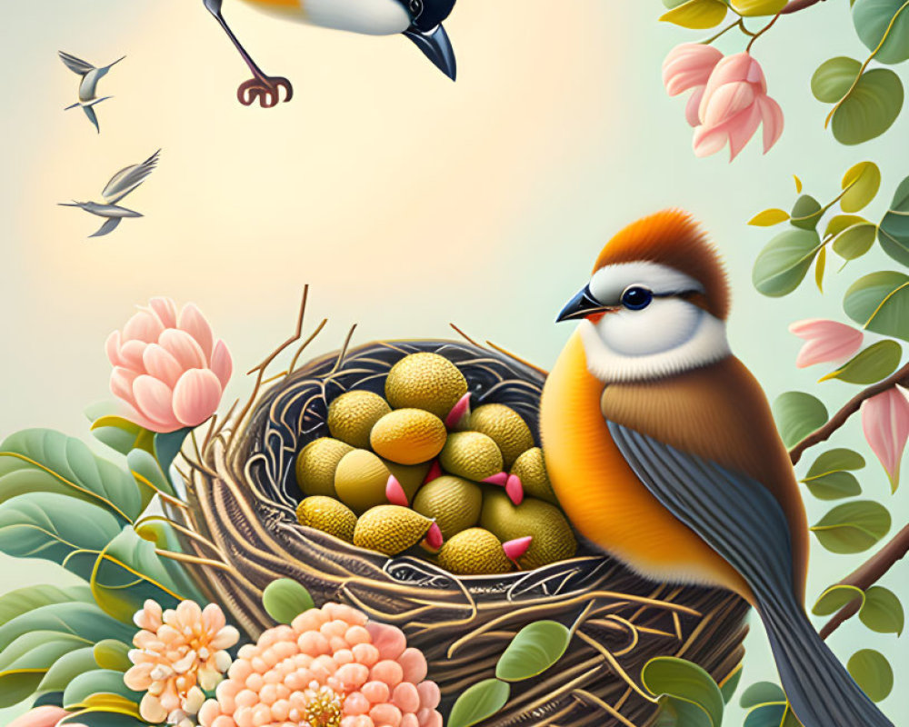 Colorful bird flying to nest with eggs and flowers