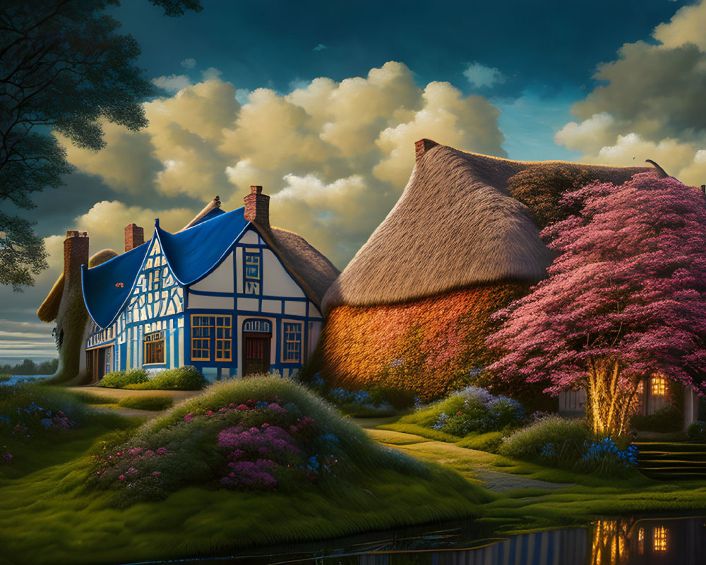 Tranquil dusk setting with thatched-roof cottages and pink blossoming tree