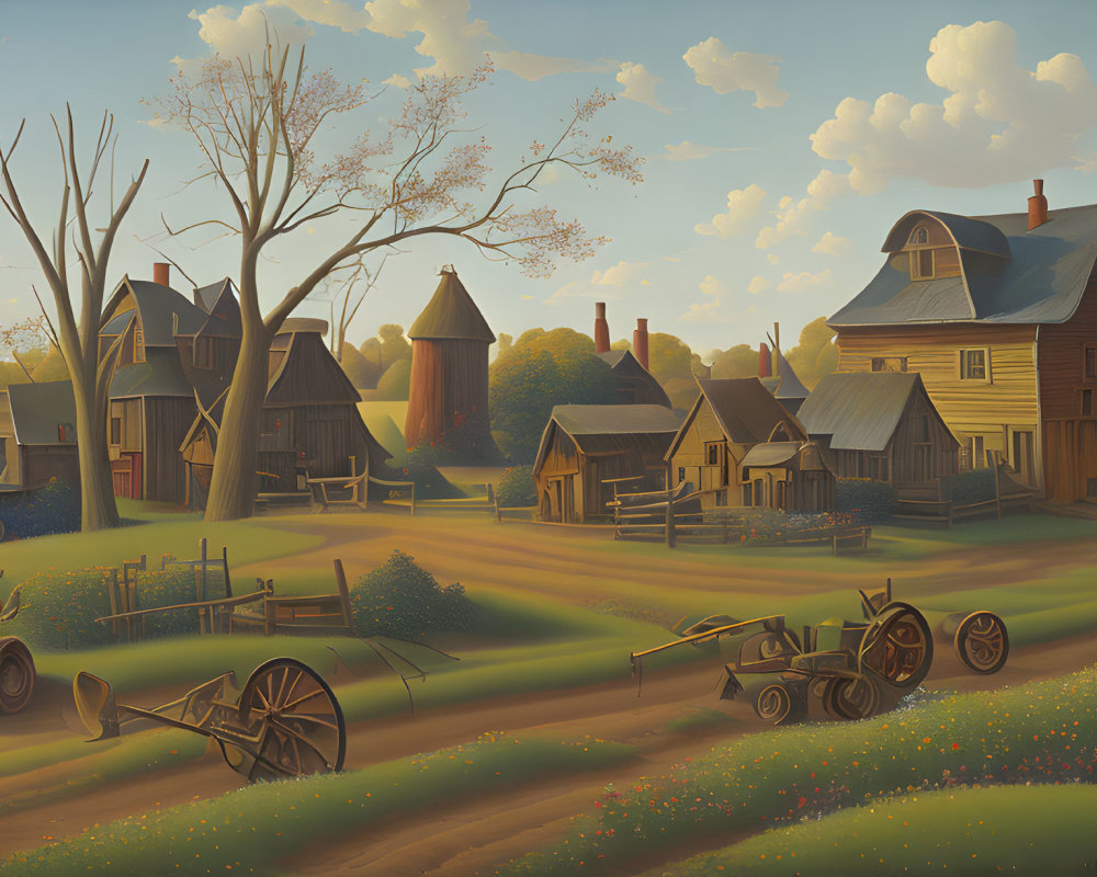 Rustic village scene with quaint houses, old tractor, water tower, and flower fields at sunset