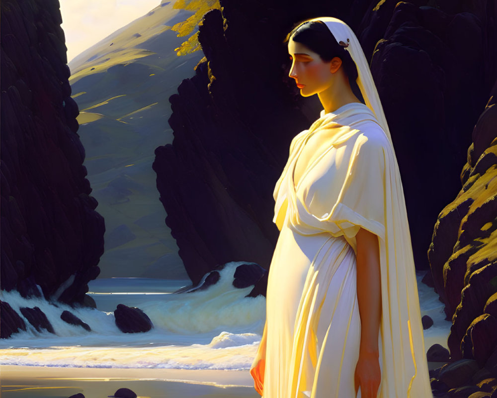 Woman in white robes by beach with cliffs and crashing waves