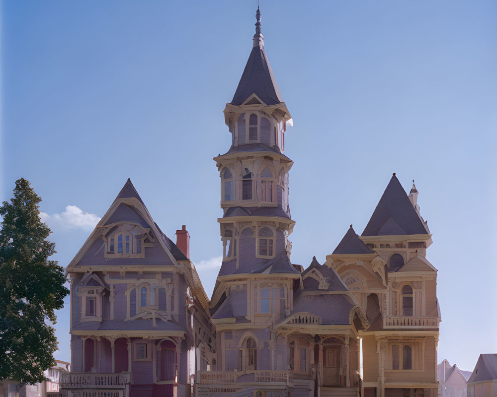 Victorian house with tower, woodwork, gables under blue sky