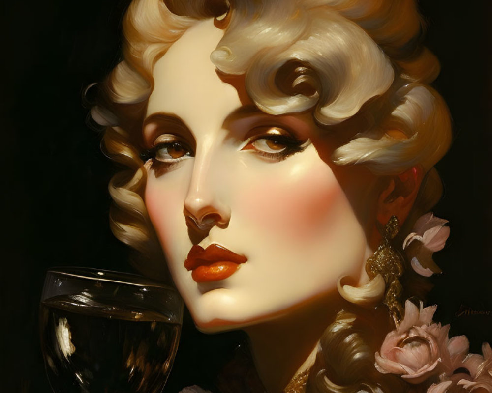 Portrait of Woman with Blonde Wavy Hair Holding Wine Glass