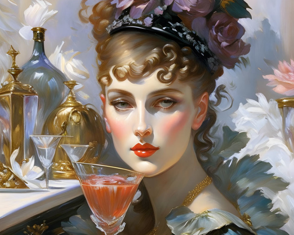 Portrait of Woman with Rosy Cheeks, Purple Roses, Blue Dress, and Drink Table