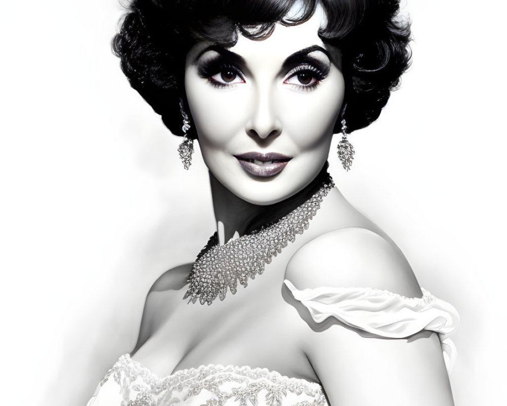 Monochrome portrait of a woman with voluminous hair and bejeweled necklace in floral embroidered dress