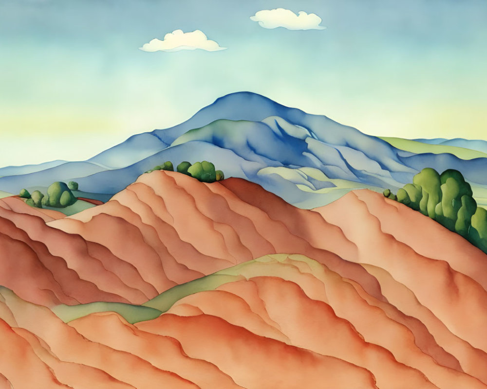 Colorful illustrated landscape with rolling hills and blue mountain under fluffy clouds