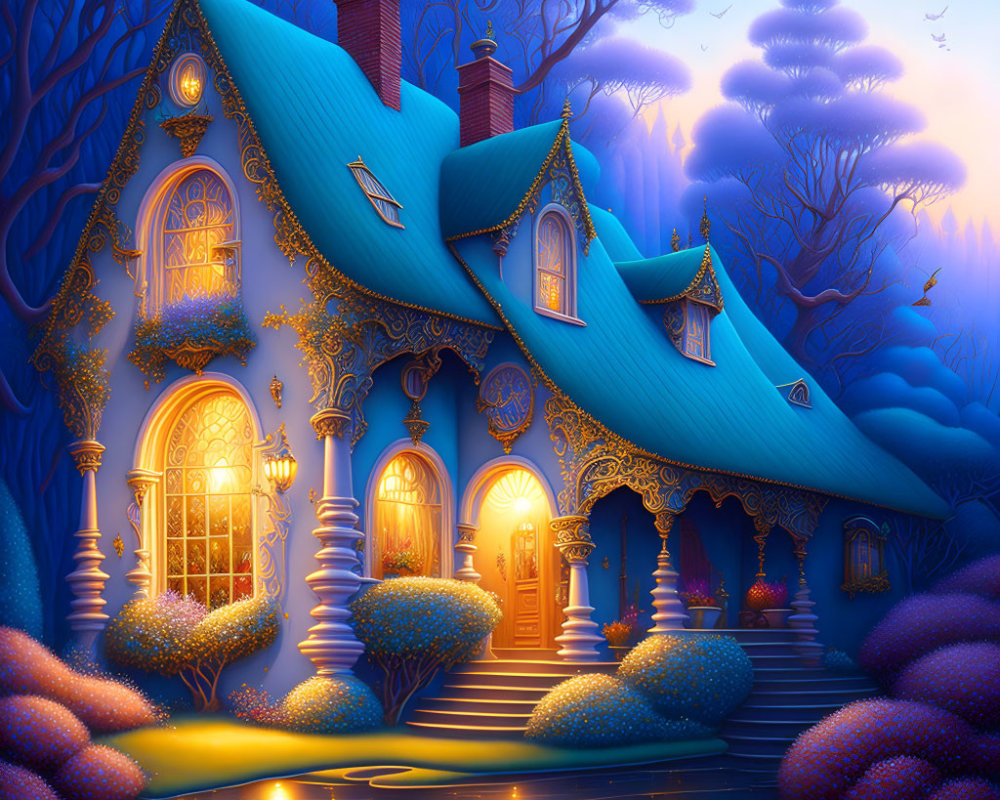 Whimsical blue house with golden details in magical twilight forest