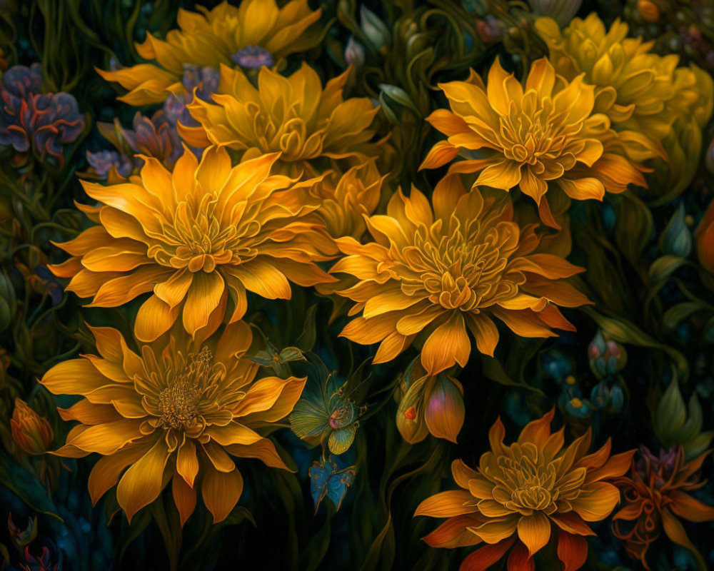 Golden yellow chrysanthemum flowers amidst dark foliage and unopened buds.