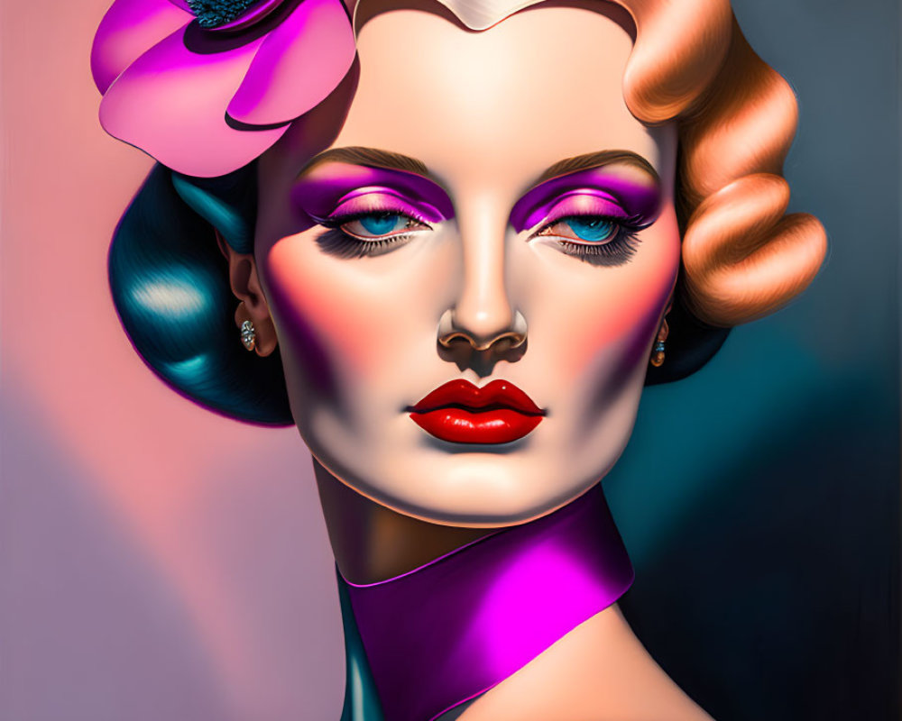 Digital portrait of woman with vintage hairdo and vibrant makeup, featuring large purple flower.