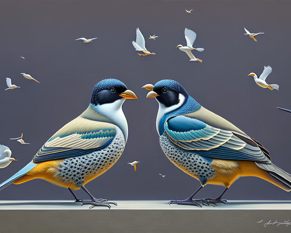 Colorful Stylized Birds Facing Each Other on Muted Background