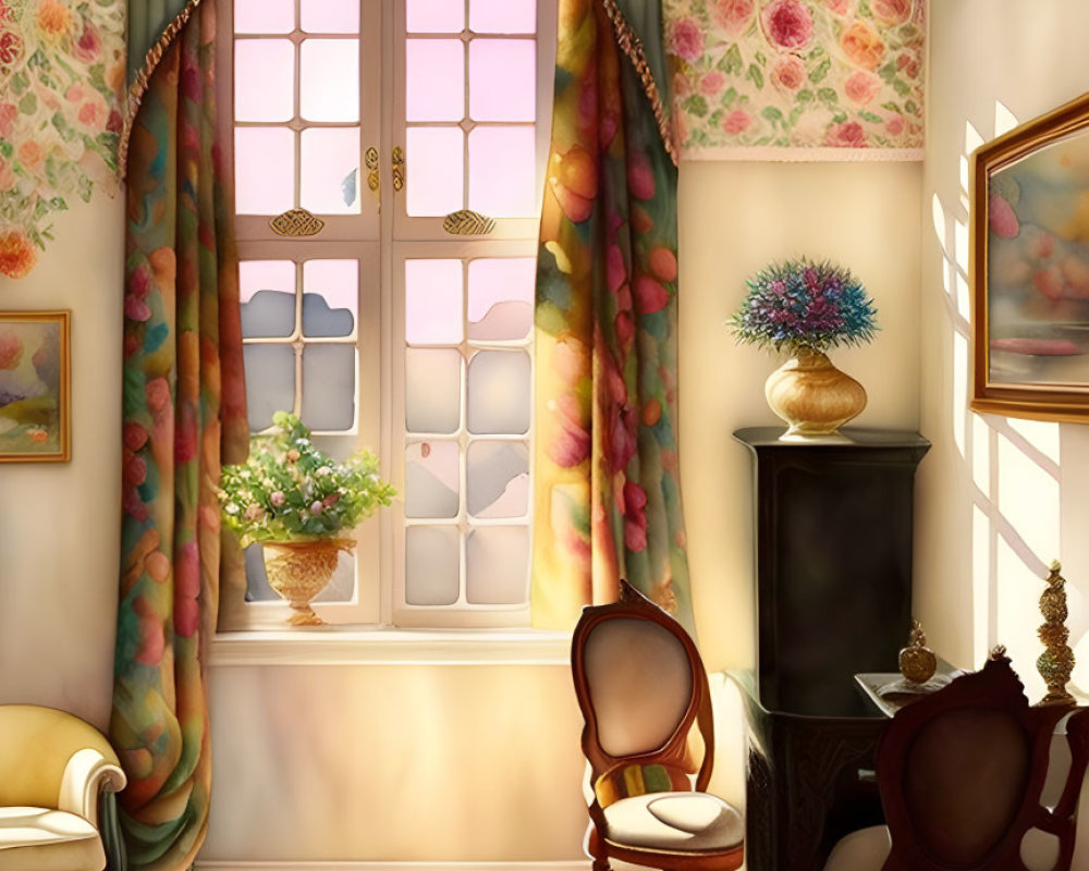 Vintage Room with Floral Wallpaper, Large Window, Elegant Chairs, and Soft Sunlight