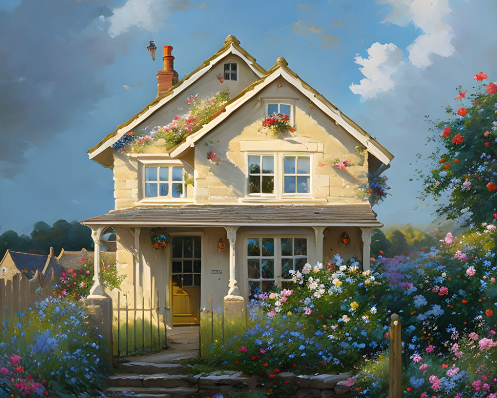 Yellow door cottage with lush gardens under cloudy sky