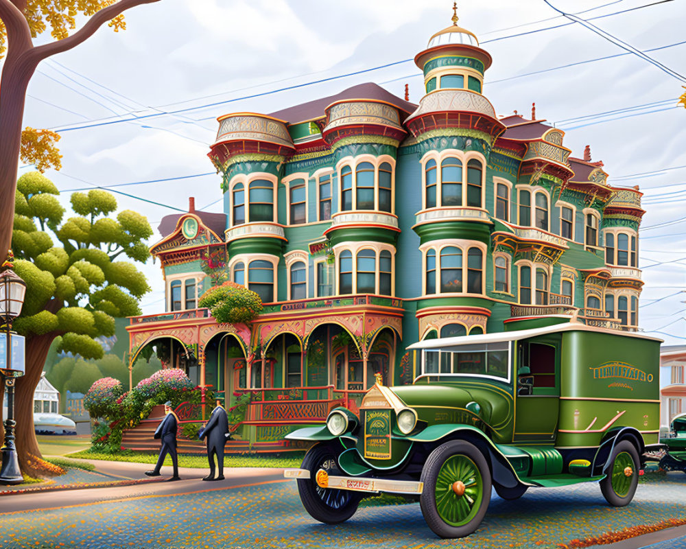 Detailed Illustration of Vibrant Victorian Mansion with Elaborate Terraces