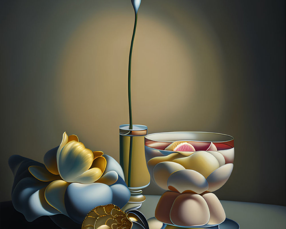 Yellow tulip in tall glass vase with candies and plates.