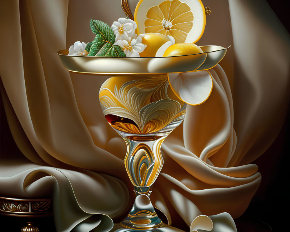 Golden pedestal bowl with lemons and white flowers on glossy surface