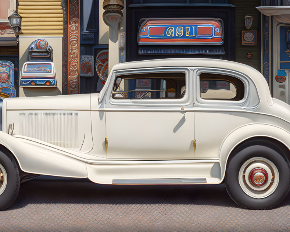 Vintage White Car Parked Beside Retro Gas Station with Blue Car