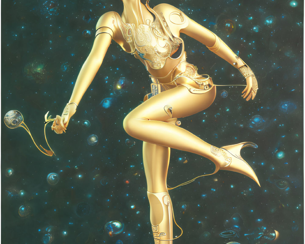 Futuristic female humanoid in gold and white space suit among colorful cosmic bodies