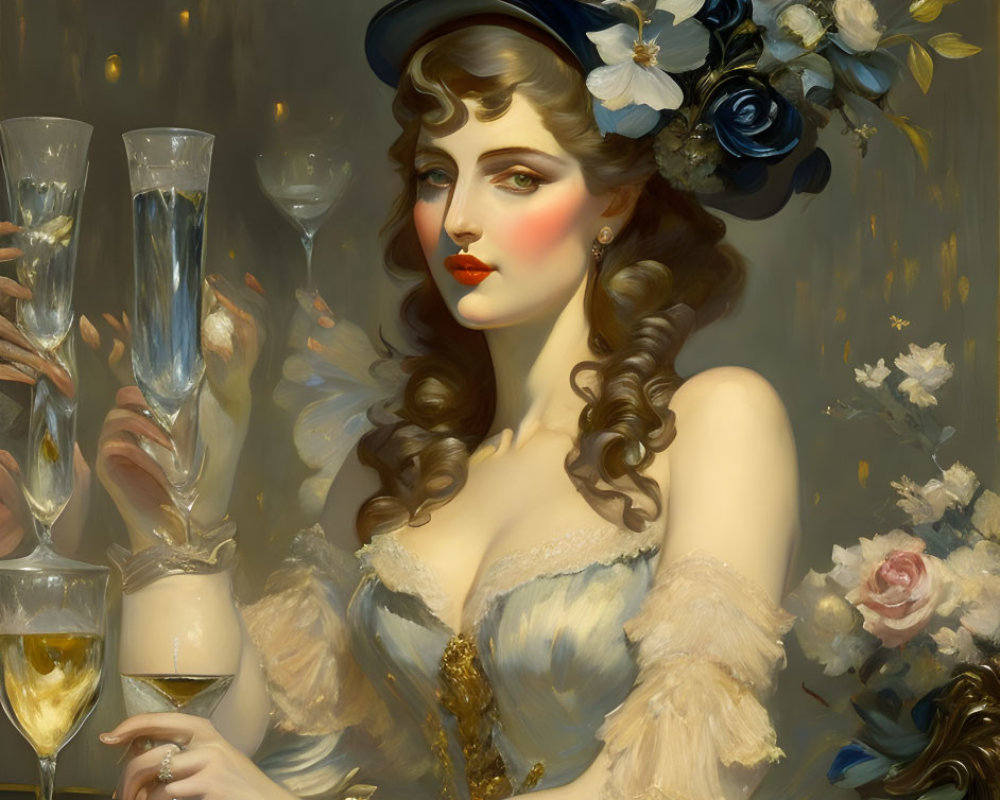 Classic Portrait of Woman with Dark Hair and Blue Flowers Holding Champagne Glass