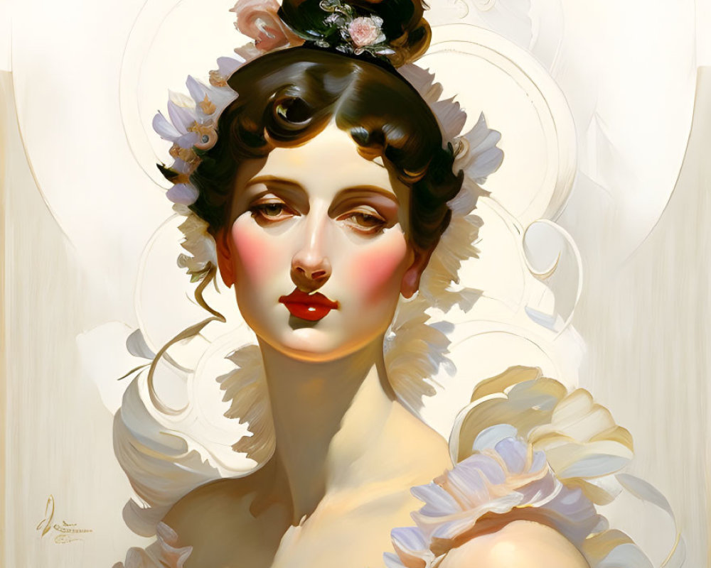 Classic portrait of elegant woman in floral headdress and ruffled attire