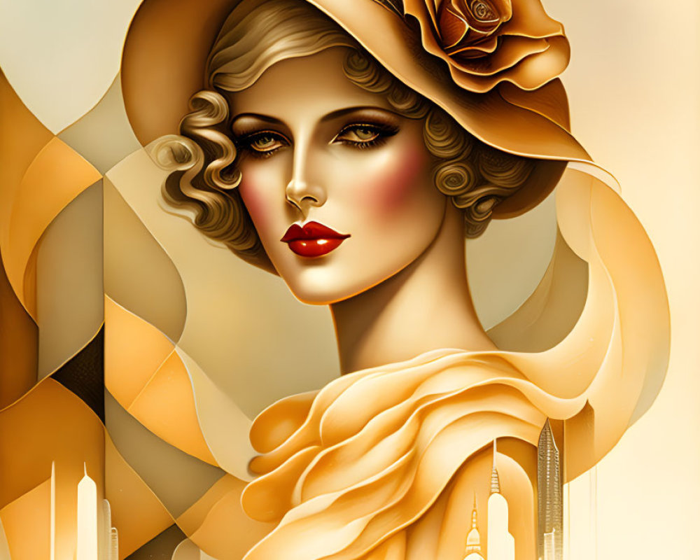 Stylized Art Deco woman with golden hair and hat in cityscape illustration