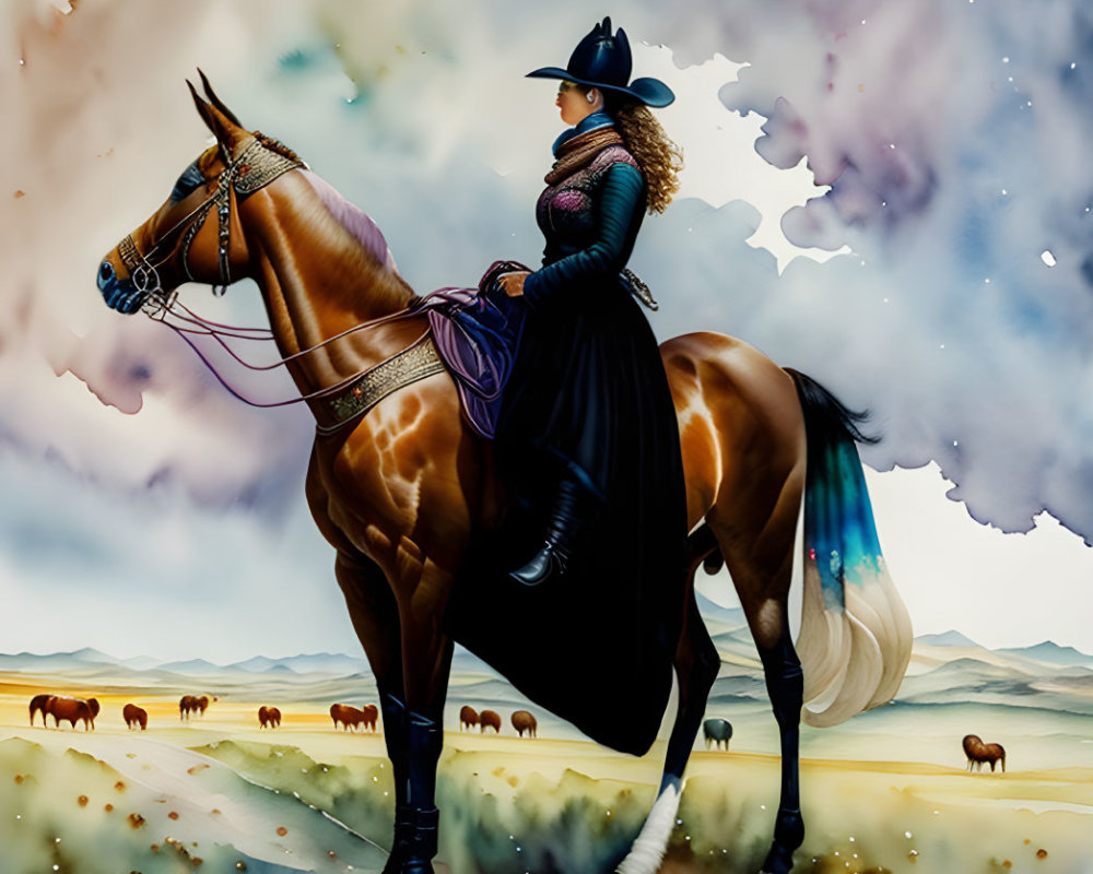 Cowboy woman riding chestnut horse with intricate tack in dreamy sky.