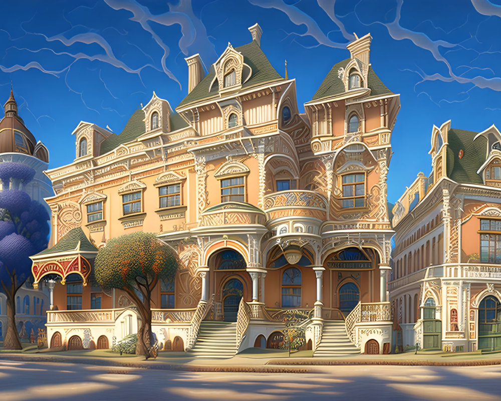 Ornate Victorian-style mansion illustration with fantastical architecture