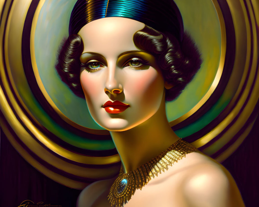 Stylized woman with 1920s makeup and short hair in ornate necklace against concentric