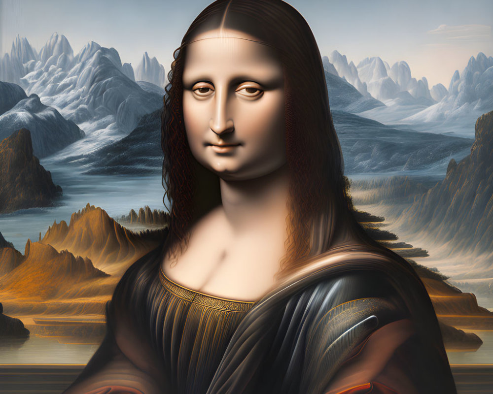 Surreal digital artwork: Mona Lisa merged with mountainous backdrop