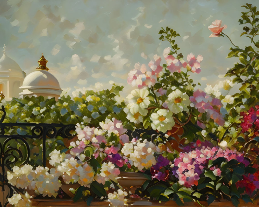 Colorful oil painting of blooming floral balcony with pink, white, and red flowers, classic dom