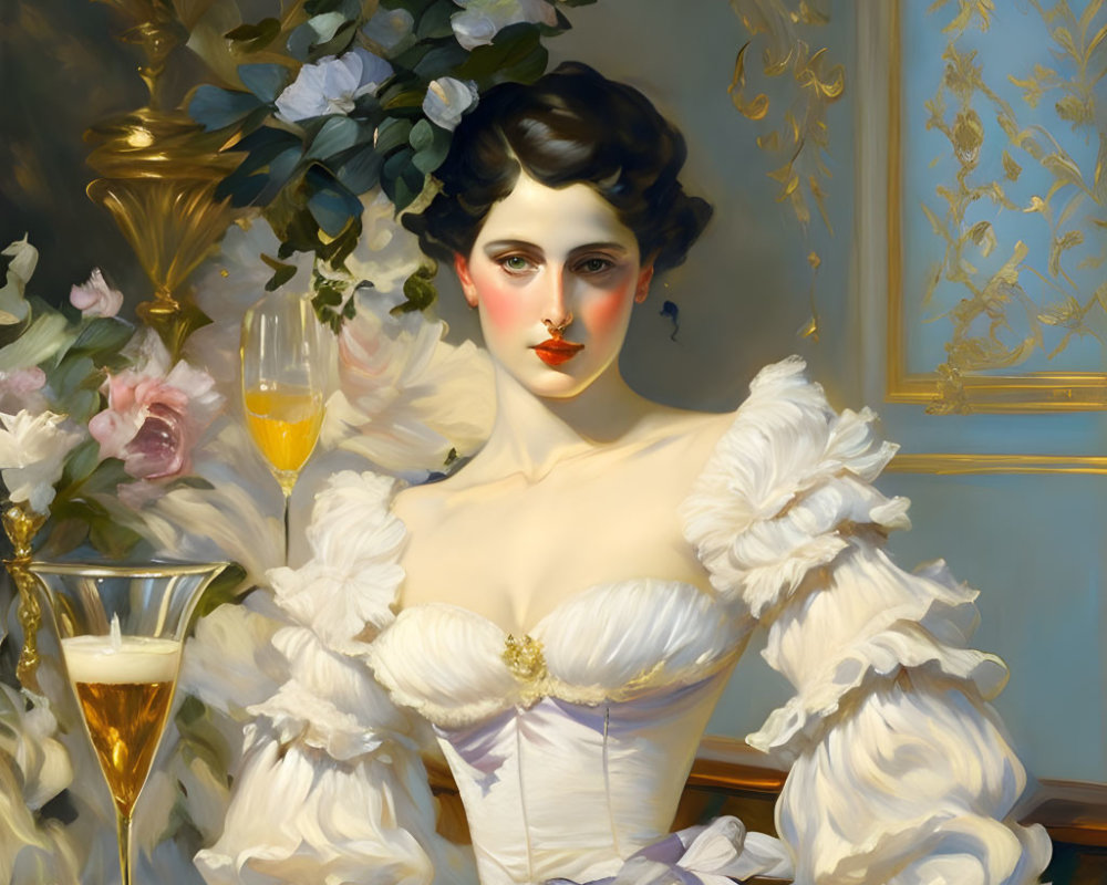 Classical Charm: Elegant Woman in White Gown with Champagne and Flowers