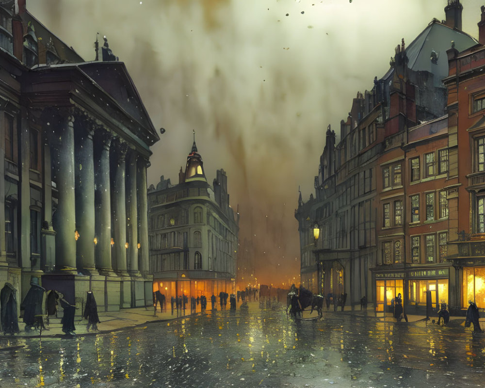 Vintage buildings and streetlights on rainy evening street scene with cobblestones, umbrellas, and horse