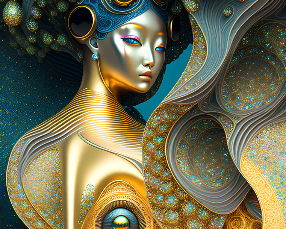 Futuristic female figure with metallic skin and orbs in swirling patterns