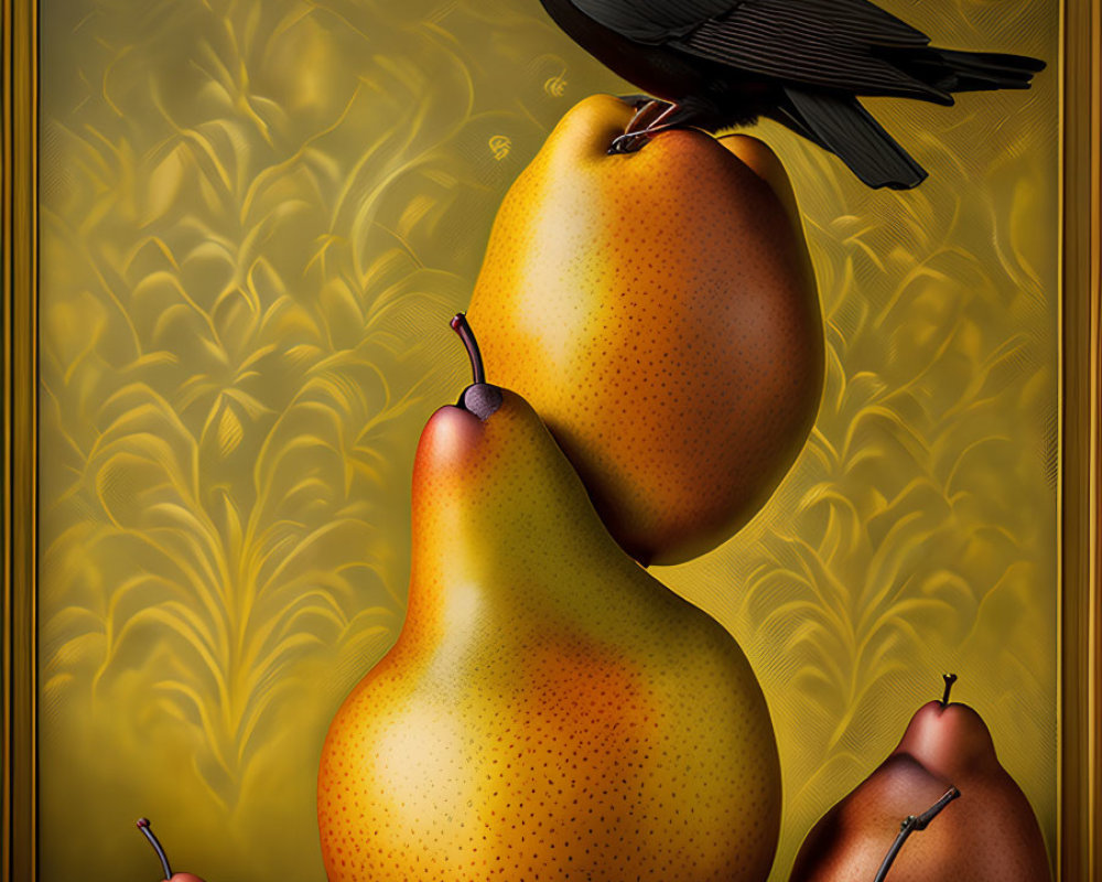 Raven perched on stacked pears with gold wallpaper backdrop