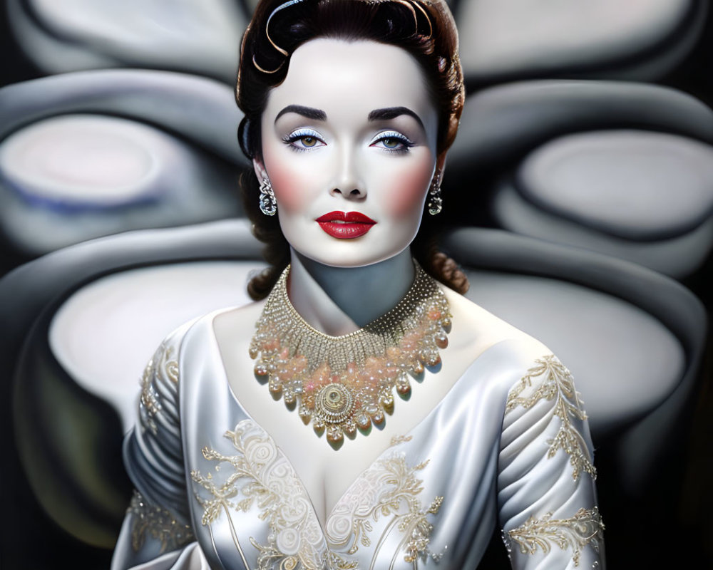 Stylized portrait of woman in vintage makeup and white dress