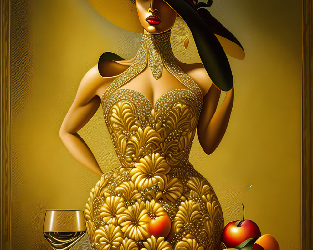 Stylized golden attire woman with extravagant hat, wine and fruit plate