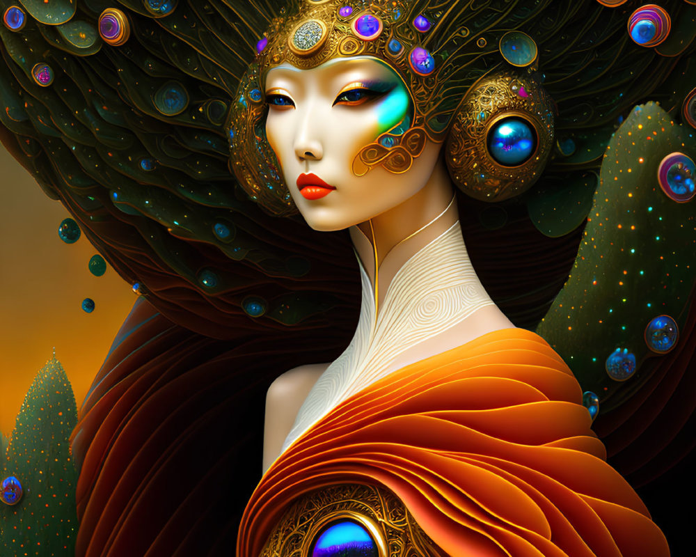 Stylized digital artwork of woman with peacock feather embellishments