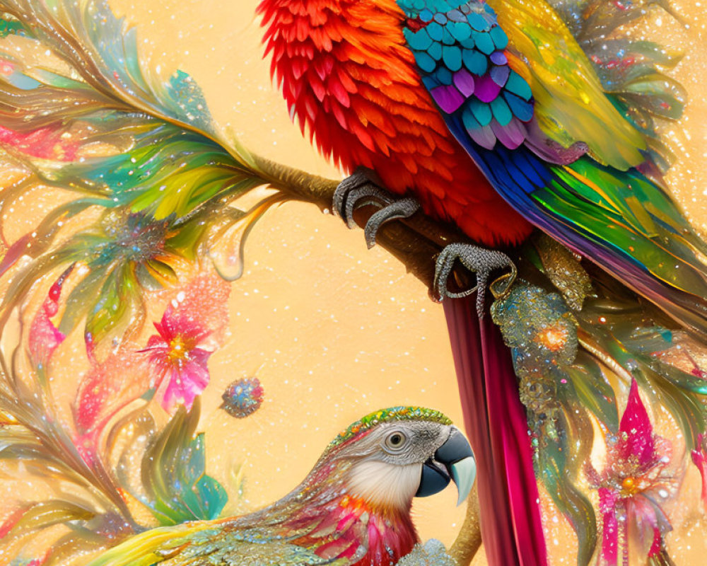 Colorful Parrots Perched on Branches Amid Vibrant, Fantastical Foliage