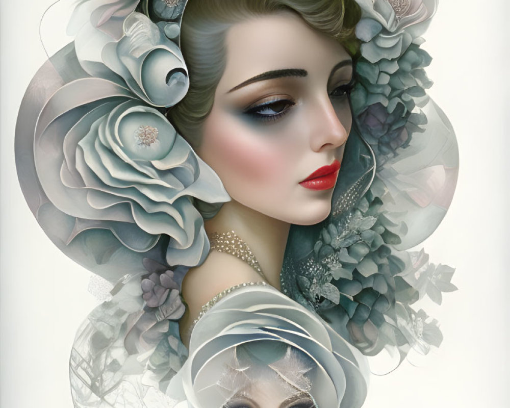 Illustrated portrait of a woman with white floral hair decorations and red lips on light background.