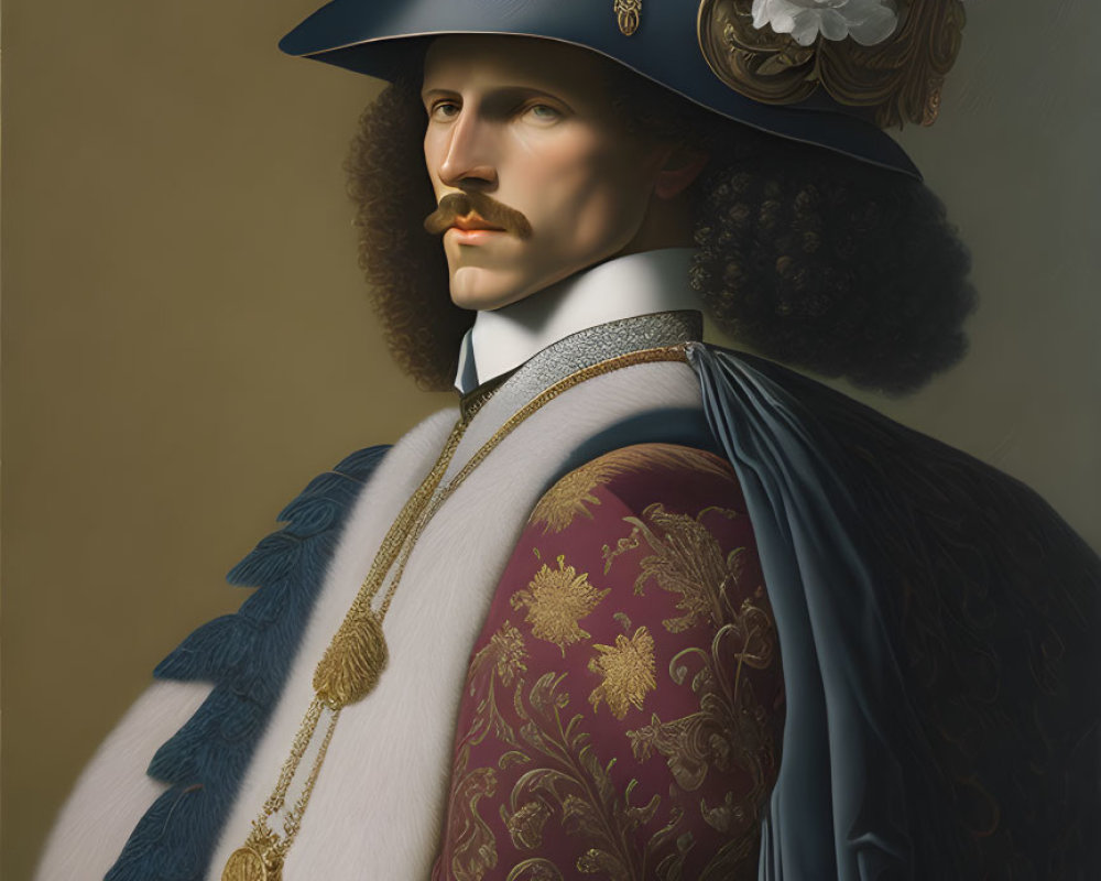 Person in Blue Hat with White Feather, Cape, Ornate Vest, Mustache, and Beard