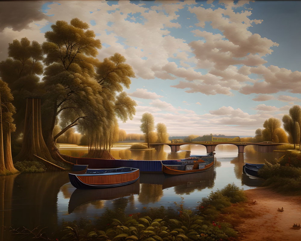 Tranquil riverscape at sunset with moored boats, stone bridge, willow trees, and