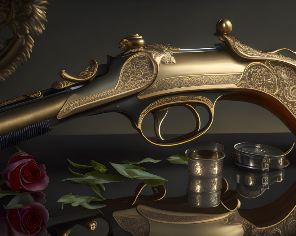 Antique pistol with gold detailing among roses and ornaments