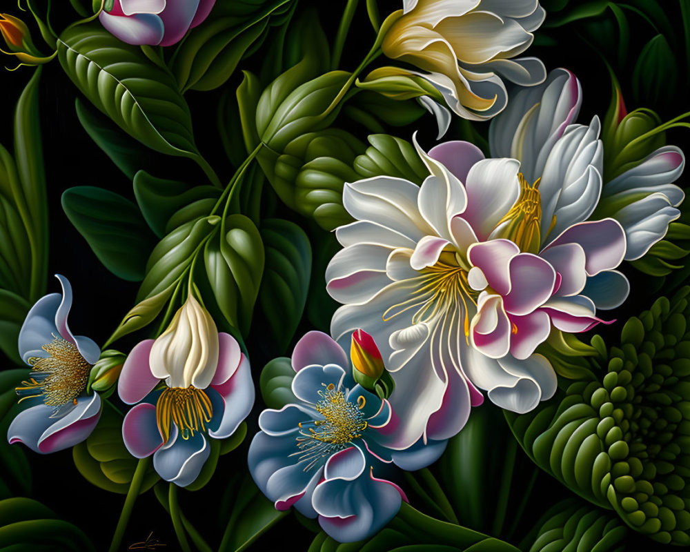 Stylized digital painting of white, pink, and blue flowers on dark background